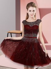  Scoop Sleeveless Backless Prom Gown Burgundy Tulle