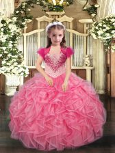 Beautiful Coral Red Straps Neckline Beading and Ruffles Little Girl Pageant Dress Sleeveless Lace Up