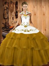 Stylish Olive Green Ball Gown Prom Dress Sweet 16 and Quinceanera with Embroidery and Ruffled Layers Halter Top Sleeveless Brush Train Lace Up