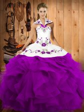 Suitable Sleeveless Floor Length Embroidery and Ruffles Lace Up Vestidos de Quinceanera with Purple