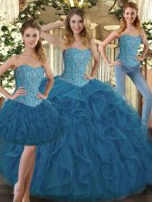 Enchanting Teal Tulle Lace Up Sweet 16 Quinceanera Dress Sleeveless Floor Length Beading and Ruffles