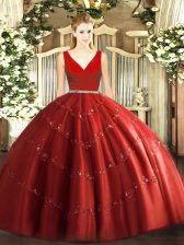  Wine Red Sweet 16 Dress Military Ball and Sweet 16 and Quinceanera with Beading V-neck Sleeveless Zipper