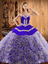  Multi-color Ball Gowns Embroidery Ball Gown Prom Dress Lace Up Satin and Fabric With Rolling Flowers Sleeveless With Train