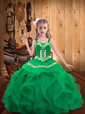  Turquoise Straps Lace Up Embroidery and Ruffles Little Girls Pageant Dress Sleeveless