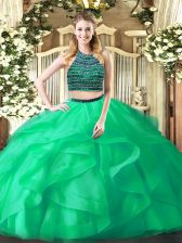 Exquisite Turquoise Organza Zipper Quinceanera Gowns Sleeveless Floor Length Beading and Ruffles