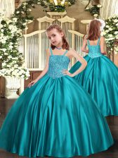  Straps Sleeveless Satin Pageant Dress for Teens Beading Zipper