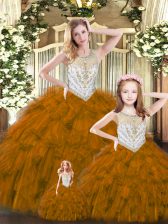  Scoop Sleeveless Quince Ball Gowns Floor Length Beading and Ruffles Brown Tulle