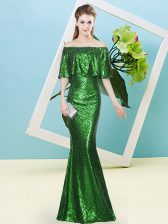 Noble Half Sleeves Sequined Floor Length Zipper Prom Gown in Dark Green with Sequins