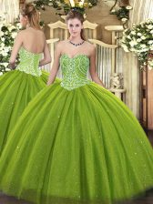 Enchanting Sleeveless Tulle Floor Length Lace Up Quinceanera Gowns in Olive Green with Beading