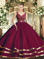  Burgundy V-neck Backless Beading and Ruffled Layers and Ruching Sweet 16 Dress Sleeveless