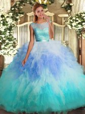  Sleeveless Floor Length Lace and Ruffles Backless Ball Gown Prom Dress with Multi-color