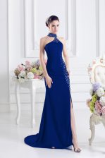  Halter Top Sleeveless Sweep Train Lace Up Royal Blue Elastic Woven Satin