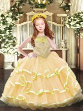 Custom Fit Gold Sleeveless Floor Length Beading and Ruffled Layers Zipper Girls Pageant Dresses