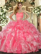 Hot Sale Sweetheart Sleeveless Sweet 16 Quinceanera Dress Floor Length Beading and Ruffles Watermelon Red Organza