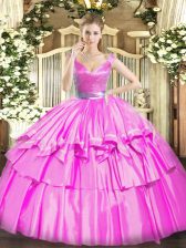 Stunning Beading and Ruffled Layers Quinceanera Dress Fuchsia Zipper Sleeveless Floor Length
