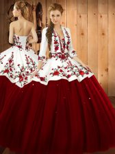  Wine Red Sleeveless Embroidery Floor Length Quinceanera Gown
