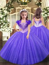 Beauteous Lavender Ball Gowns Tulle Straps Sleeveless Beading Floor Length Lace Up High School Pageant Dress