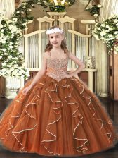 Enchanting Brown Tulle Lace Up Kids Pageant Dress Sleeveless Floor Length Beading and Ruffles