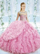 Hot Sale Beading and Ruffles 15 Quinceanera Dress Baby Pink Lace Up Sleeveless Brush Train