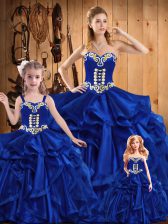  Royal Blue Organza Lace Up Sweetheart Sleeveless Floor Length Quince Ball Gowns Embroidery and Ruffles