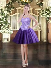 Shining Purple Ball Gowns Sweetheart Sleeveless Tulle Mini Length Lace Up Appliques Prom Dress