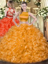 Fantastic Sleeveless Tulle Floor Length Criss Cross Sweet 16 Dress in Orange Red with Ruffles