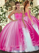 Hot Pink Tulle Lace Up 15th Birthday Dress Sleeveless Floor Length Beading
