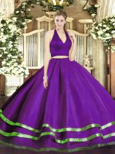 Clearance Purple Ball Gown Prom Dress Military Ball and Sweet 16 and Quinceanera with Ruffled Layers Halter Top Sleeveless Zipper