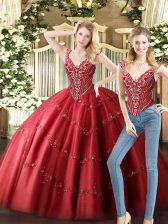 Flare Wine Red Tulle Lace Up V-neck Sleeveless Floor Length Vestidos de Quinceanera Beading
