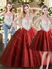 Glorious Wine Red Ball Gown Prom Dress Military Ball and Sweet 16 and Quinceanera with Beading Scoop Sleeveless Zipper