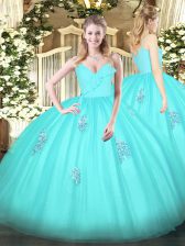  Aqua Blue Tulle Zipper Quinceanera Dresses Sleeveless Floor Length Appliques