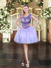 Attractive Lavender Sleeveless Mini Length Beading Zipper Homecoming Dress