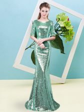  Scoop Half Sleeves Sequined Prom Gown Sequins Zipper