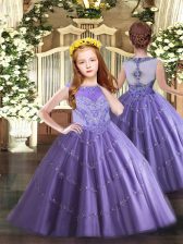 Affordable Sleeveless Floor Length Beading and Appliques Zipper Girls Pageant Dresses with Lavender