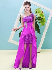  Fuchsia Elastic Woven Satin and Sequined Lace Up Sleeveless High Low Beading and Sequins
