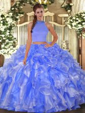 Best Selling Blue Halter Top Backless Beading and Ruffles Quinceanera Dress Sleeveless