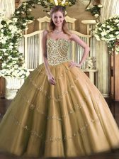 Customized Brown Sleeveless Tulle Lace Up 15th Birthday Dress for Military Ball and Sweet 16 and Quinceanera