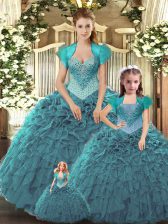 Pretty Teal Sleeveless Beading and Ruffles Floor Length Sweet 16 Dresses