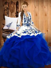  Sweetheart Sleeveless Quinceanera Gowns Floor Length Embroidery Blue Satin and Organza
