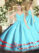 Aqua Blue Organza Zipper Spaghetti Straps Sleeveless Floor Length Sweet 16 Quinceanera Dress Ruffled Layers