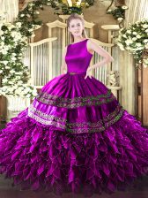 Custom Designed Fuchsia Clasp Handle Scoop Ruffles Sweet 16 Dress Satin and Organza Sleeveless