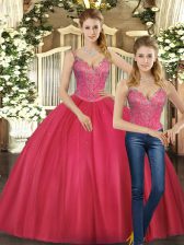  Hot Pink Straps Lace Up Beading Quinceanera Dress Sleeveless