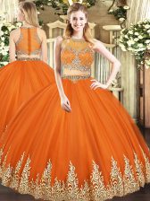  Orange Red Zipper Scoop Beading and Appliques Vestidos de Quinceanera Tulle Sleeveless