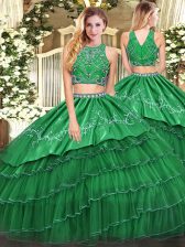 Luxury Green Two Pieces High-neck Sleeveless Tulle Floor Length Zipper Beading and Embroidery and Ruffled Layers 15 Quinceanera Dress