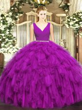 Fabulous Fuchsia V-neck Zipper Beading and Ruffles Quince Ball Gowns Sleeveless