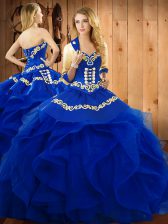 Glorious Blue Ball Gowns Embroidery and Ruffles Quinceanera Dresses Lace Up Organza Sleeveless Floor Length