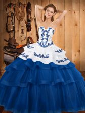  Blue Ball Gown Prom Dress Tulle Sweep Train Sleeveless Embroidery and Ruffled Layers