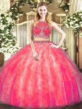 Best Selling Scoop Sleeveless Quinceanera Dresses Floor Length Beading and Ruffles Coral Red Tulle