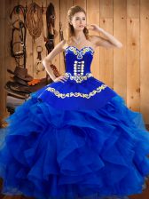 Custom Designed Sweetheart Sleeveless Quinceanera Dress Floor Length Embroidery and Ruffles Royal Blue Satin and Organza