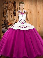 Traditional Floor Length Fuchsia Vestidos de Quinceanera Halter Top Sleeveless Lace Up